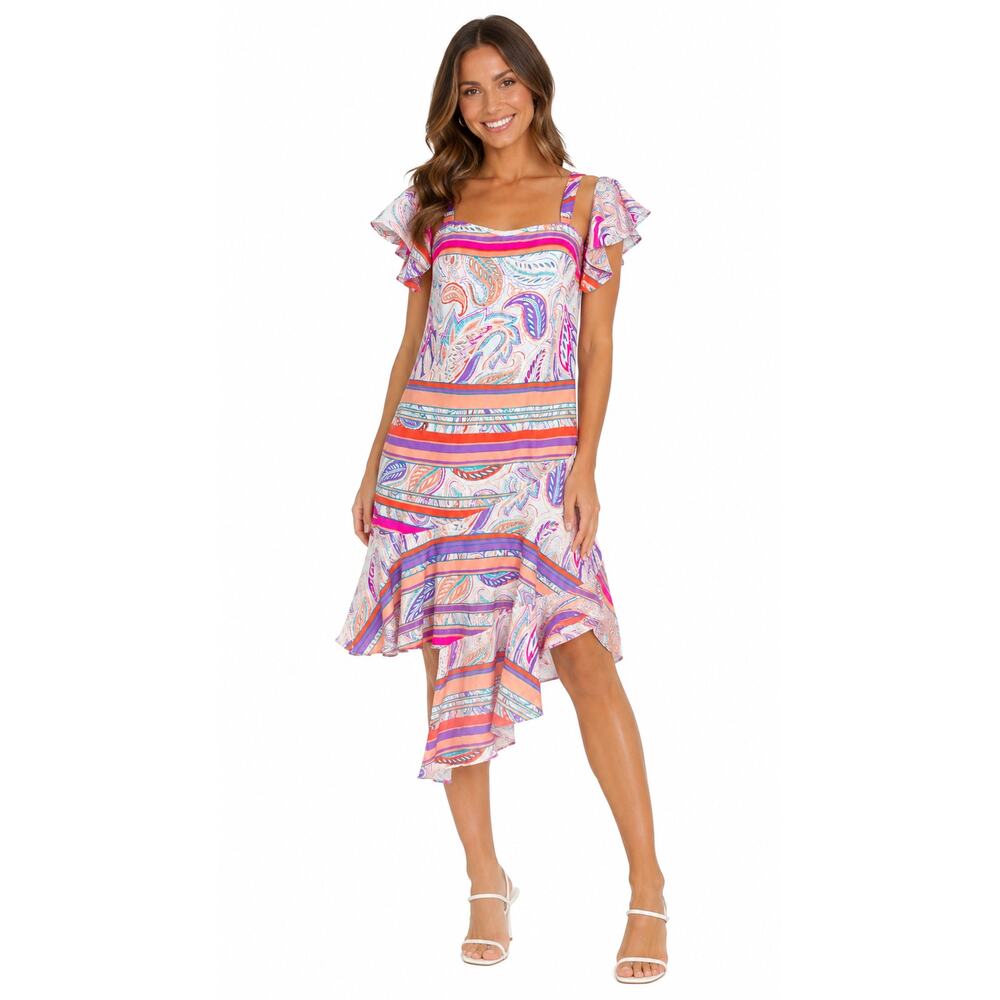 Alice & Trixie Silk Dress XS Pink Orange Paisley Asymmetrical Ruffle Hem